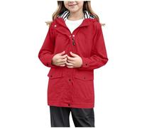 Veste Imperméable Enfant Veste de Pluie Légère à Capuche Imperméable avec Poches Pour Garçons, Filles, Enfants, Couleur Unie, Manteau Doublé à Rayures Tendance et Respirant (Red, 11-12 Years)