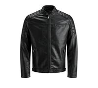 Veste en cuir - Jack & Jones - Noir - Finitions motardes - Ourlet réglable - Trois poches avant L
