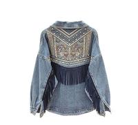 Veste Jean Femme,Veste en Jean À Pompon Boho pour Femme Broderie Florale Jeans À Franges en Daim Tops Stretch sur Mesure Bouton De Camionneur Manteau en Denim Cardigan Jeansjacke Court pour Filles A