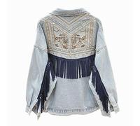 Veste Jean Femme,Veste en Jean À Pompon Boho pour Femme Broderie Florale Jeans À Franges en Daim Tops Stretch sur Mesure Manteau en Denim À Boutons De Camionneur Cardigan Jeansjacke Court pour Fille