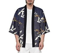 Veste Kimono Homme Manches 3/4 Japonais Style Ouvert Cardigan Impression de Motifs de Grue