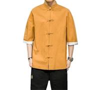 Veste Kimono Homme Vêtements Traditionnels Chinois Lin Hanfu Haut Manches Longues Costume Tang Kung Fu Chemise, jaune, XXL