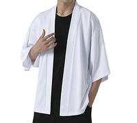 Veste kimono pour homme - Style japonais - Grue volante - Sept manches ouvertes - Manteau en lin ouvert sur le devant - Confortable - Cardigan brodé - Vestes en coton, Blanc., L