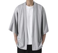 Veste kimono pour homme - Style japonais - Grue volante - Sept manches ouvertes - Manteau en lin ouvert sur le devant - Confortable - Cardigan brodé - Vestes en coton, gris, L