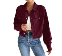 Veste légère en velours côtelé uni pour femme, haut court décontracté et tendance en velours côtelé boutonné à manches longues avec poche, bordeaux, M