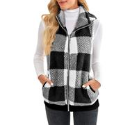 Veste légère sans manches pour femmes, gilet à carreaux, Cardigan confortable, fermeture éclair, vêtements d'extérieur chauds avec poche Veste Polaire Femme Chaude Femme Grande Taille (Black, XXXL)