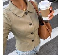 Veste légère tissée décontractée d'automne pour femmes, col Claudine, boutonnage devant, coupe régulière, manches longueur poignet. Vêtement d'automne, veste d'automne. Top pour les trajets quotidiens