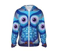 Veste légère UPF 50+ avec fermeture éclair intégrale - Protection solaire - Pour homme et femme - Manches longues - Motif hibou bleu, Noir/blanc, L