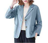 Veste Lin Femme Été Manches 3/4 Col de Costume Bouton avec Deux Poches Casual Léger Chemisier Chic et Élégante Couleur Unie Légère Décontractée Respirant Tunique Tops pour Bureau et Sortie