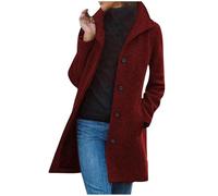 Veste longue boutonnée avec poche pour femme - Manteau d'hiver chaud en laine solide et décontractée - Col montant - Doublure intérieure unique - Poche - Manteau Mao à boutonnage, Rouge, XXL