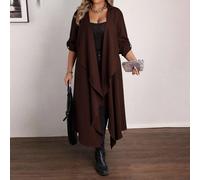 Veste longue décontractée à col cascade grande taille pour femmes, cardigan long pour l'automne, cardigans longs pour dames, manteau marron chocolat pour la campagne 0XL,1XL,2XL,3XL,4XLUnicoloreTissu 