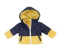 Veste matelass e bicolore Sophia avec capuche, fermeture clair et poches pour poup es gar on de 18 pouces bleu marine/jaune