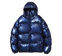Veste matelassée brillante à capuche avec fermeture éclair intégrale pour homme, coupe ample, veste chaude pour homme, tenue décontractée de rue, bleu, M