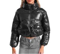 Veste matelassée Brillante métallique d'hiver pour Femme Doudoune Brillante Doudoune Courte Ample avec Poches Fermeture éclair col Montant Doudoune extérieure (Noir,M)