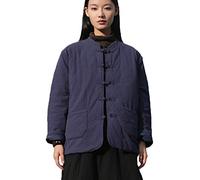 Veste matelassée légère en coton et lin avec poches pour femme Style chinois, bleu marine, taille unique