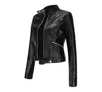 Veste Moto Femme Épaisse en Polaire Col Montant Zippé Coupe Slim Manteau Extérieur Punk Rebelle Confortable (Black, S)