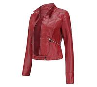 Veste Moto Femme Épaisse en Polaire Col Montant Zippé Coupe Slim Manteau Extérieur Punk Rebelle Confortable (Red, L)