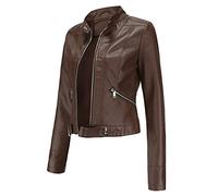 Veste Moto Femme Épaisse en Polaire Col Montant Zippé Coupe Slim Manteau Extérieur Punk Rebelle Confortable (Brown, S)