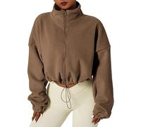 Veste Polaire à Fermeture éclair complète pour Femmes, Manteau Court Chaud à Manches Longues et col Montant en Bandoulière (Brown, M)
