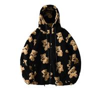Veste polaire chaude avec capuche pour femme et fille avec fermeture éclair et imprimé ours mignon, Noir , L