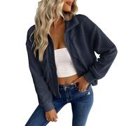 Veste polaire courte décontractée à fermeture éclair intégrale pour femme - Col montant - Doublure Sherpa - Veste de sport d'automne et d'hiver avec poches, bleu, XL