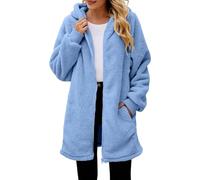 Veste polaire en peluche pour femme avec fermeture éclair intégrale, couleur unie, veste à capuche mi-longue pour femme, vêtement d'extérieur en peluche, manteau d'hiver chaud et pelucheux, bleu ciel