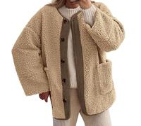 Veste Polaire Femme Manches Longues Col Rond Manteau en Cachemire Chaud à Boutons Et Doublure Duveteuse Tendance Vêtements pour Automne Et Hiver (Khaki, XXL)