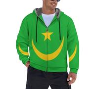 Veste Polaire Homme Imprimé Mauritanie Drapeau Double Épaisseur Zip Complet Sweat À Capuche Manches Longues Épaisses Veste Sport avec Poche Et Cordon Veste Extérieur Coupe Vent