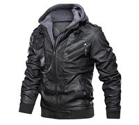 Veste pour homme 2025 Veste d'hiver chaude quotidienne à capuche épaisse en cuir avec fermeture éclair pour homme pour la loisirs et la moto - Veste courte Ewing, Noir , XXL