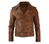 Veste pour Homme en Cuir Souple Coupe cintrée Fermeture Diagonale Franges Style Brando - Marron Clair 3XL