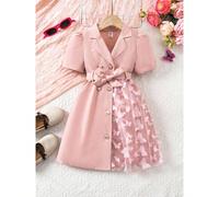 Veste pour jeune fille avec col, manches longues, ceinture, motif en maille papillon sur le côté gauche. Choix de cadeau charmant et beau. Robe manteau papillon pour filles, manteau robe rose pour fil