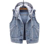 Veste sans Manches Las Denim - Gilet en Jean à Capuche Amovible De Couleur Unie, Haut De Gilet Court Décontracté Classique à Grand Bouton De Poche, Veste en Jean Courte SL, Blue, XL