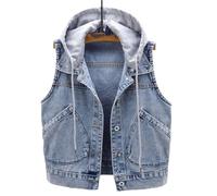 Veste sans Manches Las Denim - Gilet en Jean à Capuche Amovible De Couleur Unie, Haut De Gilet Court Décontracté Classique à Grand Bouton De Poche, Veste en Jean Courte SL, Blue, 3XL