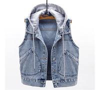 Veste sans Manches Las Denim - Gilet en Jean à Capuche Amovible De Couleur Unie, Haut De Gilet Court Décontracté Classique à Grand Bouton De Poche, Veste en Jean Courte SL, Sky Blue, XL