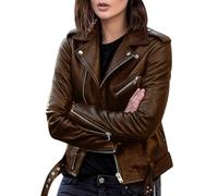 Veste Simili Cuir Femme Blouson Imitation Simili Cuir PU Moto Femmes Veste Motard Blousons Cuirs Blouson Motarde Biker Oversize Faux Leather Jacket pour Femme Printemps Grande Taille Chic Marron M
