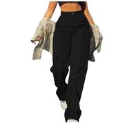 Veste Tailleur Femme Pantalon Cargo Femmes, Poches élastiques à la Taille, Droit, Couleur Unie, décontracté, Poches Amples Pantalon Femme Senior Taille Elastique (Black, L)