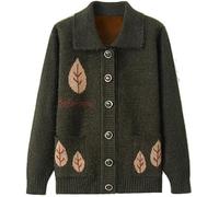 Veste Tricotée à Col à Revers De Personnes âgées D’âge Moyen, Cardigan à Poche à Simple Boutonnage en Tricot De Patchwork à Feuilles Lâches, Green Velvet, XL