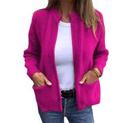 Veste tricotée à col rond avec fermeture éclair, cardigan épais en tricot côtelé ouvert sur le devant, pulls d'automne et d'hiver à fermeture éclair pour femme, rose foncé, S
