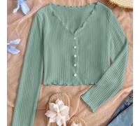 Veste tricotée côtelée col V avec volants et boutons devant, mode décontractée polyvalente pour filles préadolescentes en automne/hiver, rentrée scolaire, assortie maman et moi 8Y,9Y,10Y,11Y,12Y,13YUn