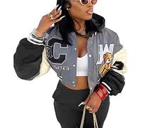 Veste Varsity coupée pour Femmes, Boutons Assortis, Impression de Lettres, Veste de Baseball avec Capuche plaquée et Poches Y2K Streetwear (Noir,L)