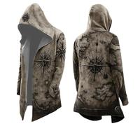 Veste Viking Homme Vintage à Capuche Manteau Homme Hiver Mi-Longueur Costume Medieval Cardigan Long Thème Mythologie Nordique Sweat a Capuche Coupe Vent Grande Taille Streetwear Printemps Automne