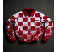 Veste zippée à col cranté, style collège de rue, style hip-hop rock avec texture à damier en contraste de couleurs rouge et blanc. Convient pour toutes les saisons, style rock de rue, parfait pour les