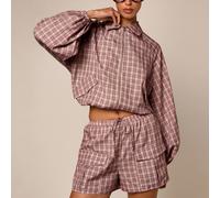 Veste zippée courte à carreaux surdimensionnée avec manches ballon et poignets élastiques, coupe décontractée et ample, style automne-hiver L,M,S,XL,XS,XXL,XXS,XXXL,XXXXLTout ImpriméTissu tissé