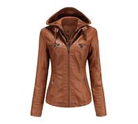 Vestes d'automne pour Femmes Veste en Cuir à Capuche Amovible Et Manches Longues Zippées Manteau Bomber Moto DéContracté Grande Taille (Kaki,7XL)