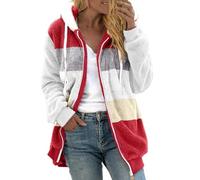 Vestes d'extérieur légères en coton pour femme 2025 - Style décontracté - Patchwork - Poche zippée - Pull en peluche surdimensionné à manches longues - Tendance - Streetwear d'extérieur, rouge