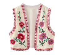 Vestes d'hiver pour femme - Motif floral brodé - Style décontracté - Style français - Style rétro, rose, L