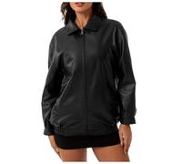 Vestes d'hiver pour femmes femmes veste en cuir ample veste surdimensionnée à manches longues revers printemps et automne manteau vestes à capuche, Noir , XL