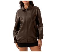 Vestes d'hiver pour femmes femmes veste en cuir ample veste surdimensionnée à manches longues revers printemps et automne manteau vestes à capuche, café, S