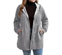 Vestes d'hiver pour femmes UK surdimensionnées en tricot au crochet chaud à capuche zippé décontracté à manches longues manteau d'extérieur, Gris 1, 4XL