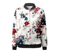 Vestes d'hiver pour femmes - Veste décontractée légère à fermeture éclair - Imprimé floral - Manteau court pour le sport et l'extérieur - Veste en duvet pour femme, blanc, XXL